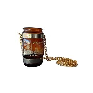 Vintage Las Vegas Amber Glass Beer Mug w/ Gold Chain Strap Souvenir Casino VTG